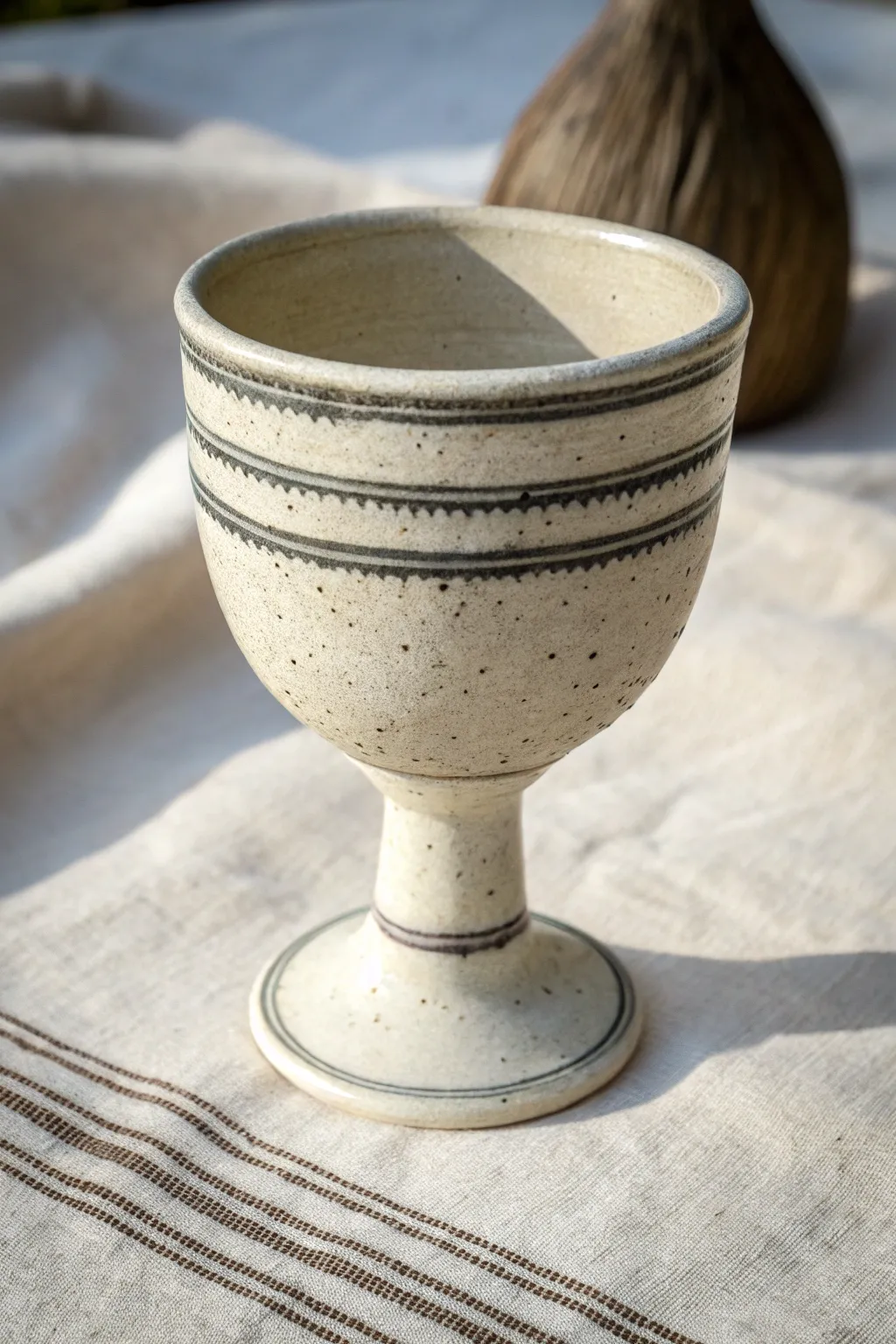 Minimal Mishima inlay linework makes this handmade clay goblet feel modern and timeless