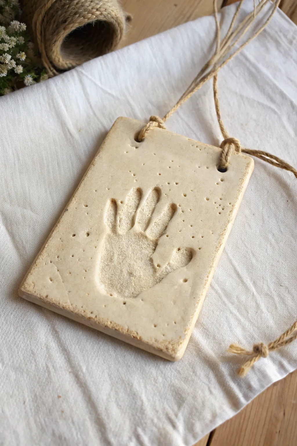 Soft minimalist clay handprint wall hanging with twine and subtle stamped details in warm neutrals