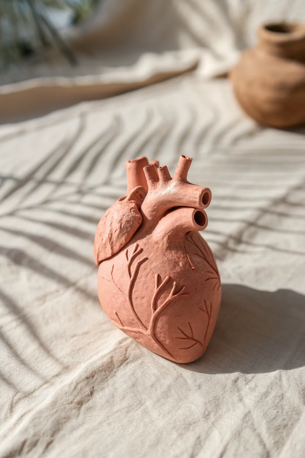 Mini desk-size clay anatomical heart, simple handmade form in soft light on a neutral backdrop