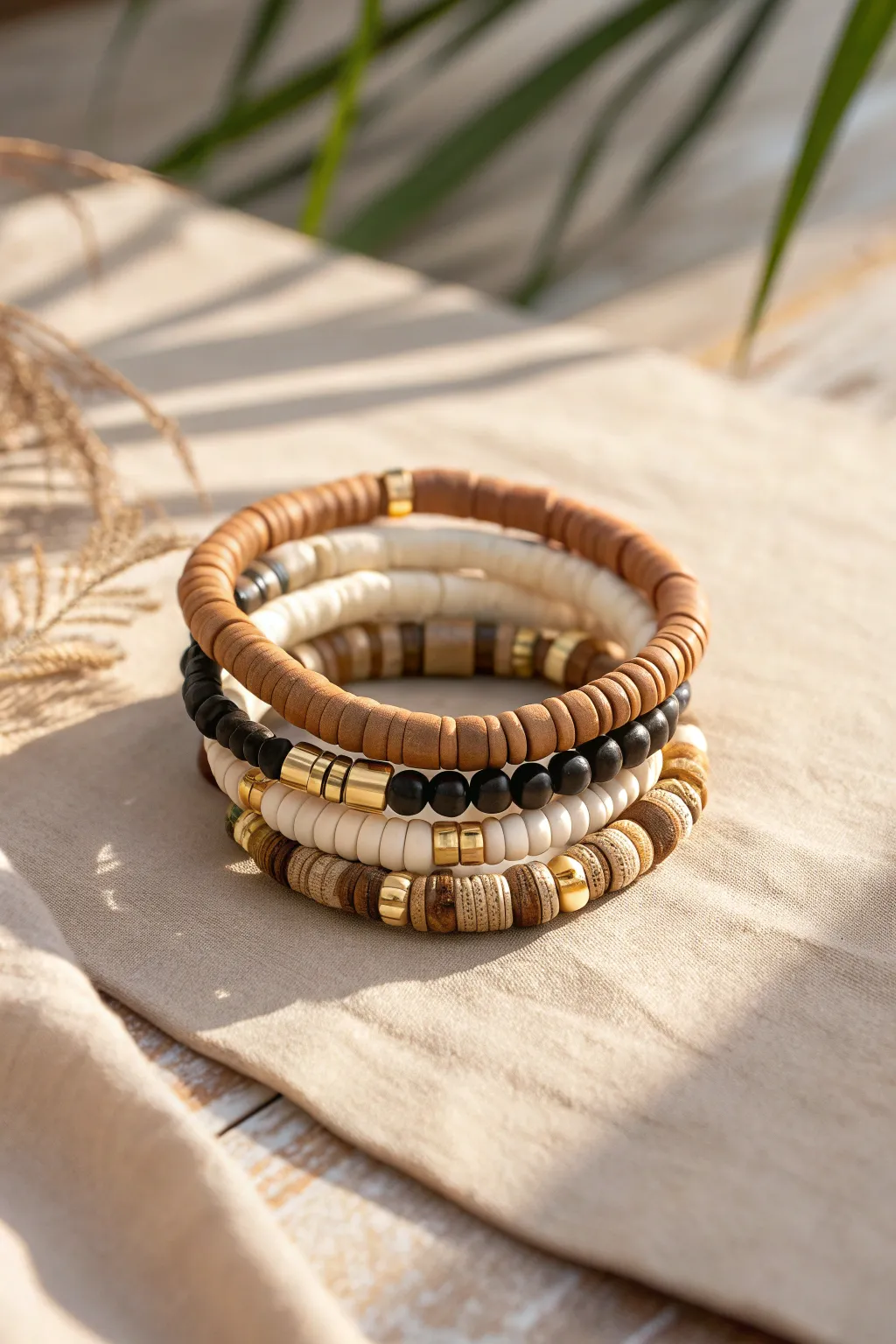 Neutral boho heishi bracelet stack in cream, tan, brown, and black with simple spacers