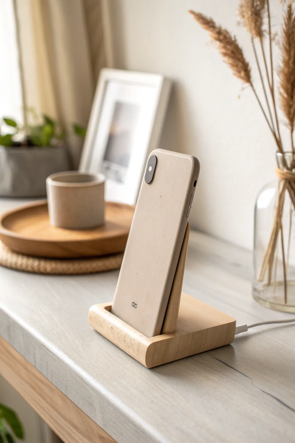 Minimal clay phone stand with a neat cable notch, perfect for a calm Scandinavian nightstand
