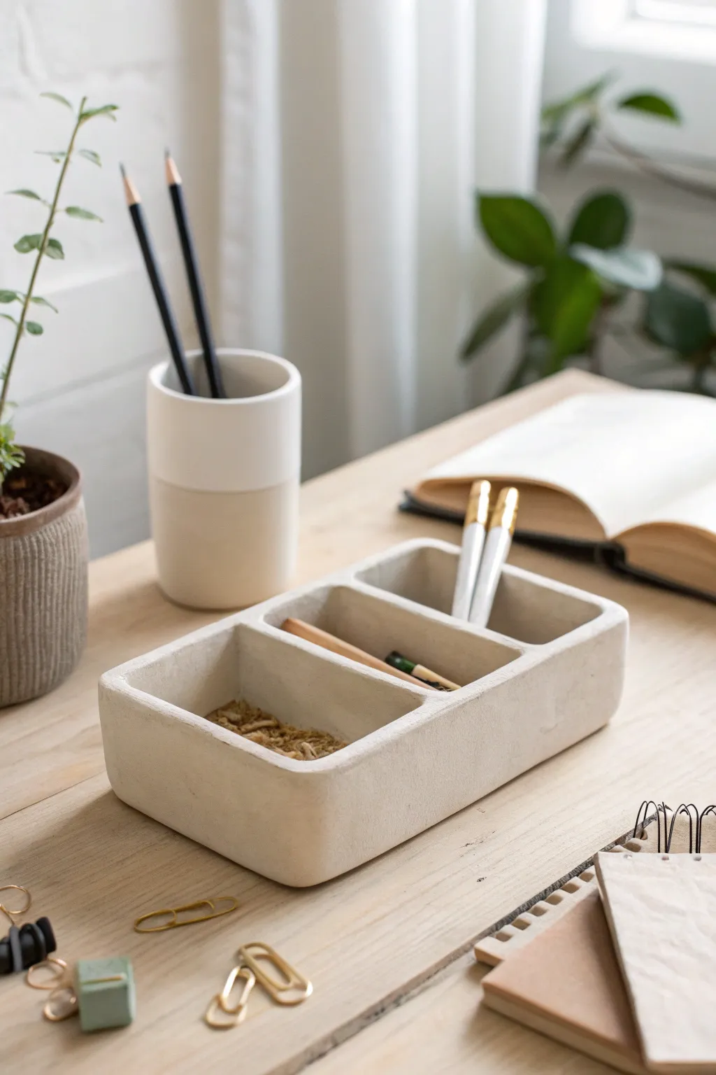 Minimal clay desk organizer in soft neutrals for a calm, tidy workspace with artisan charm.