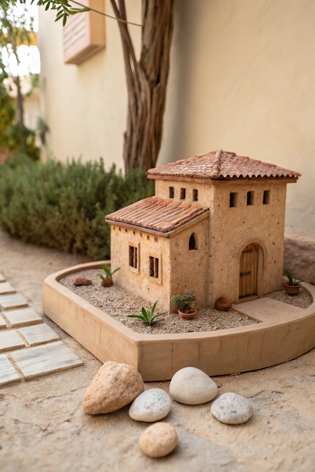 Flat-roof courtyard clay house with tiny patio stones, minimalist, warm and sunlit.