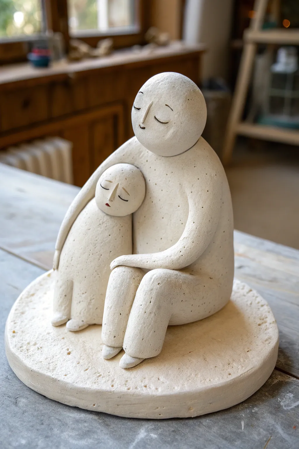 Simple parent-and-child clay figures on one base, minimal shapes and warm handmade charm