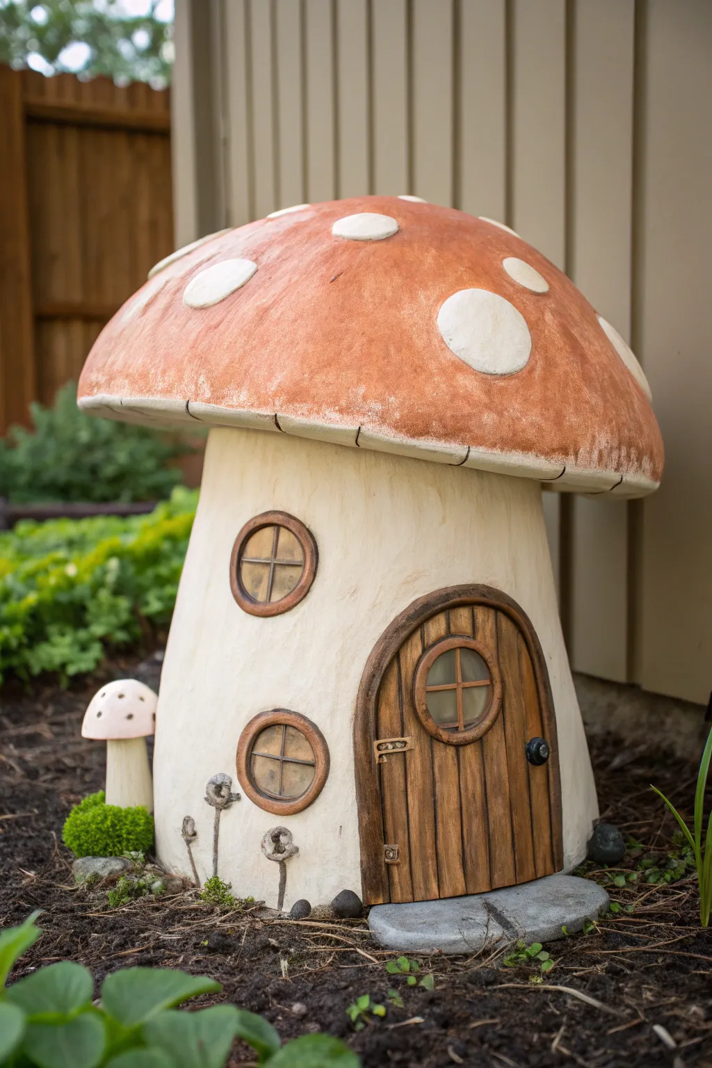 Whimsical oversized clay mushroom house, a charming garden statement with minimalist boho warmth.
