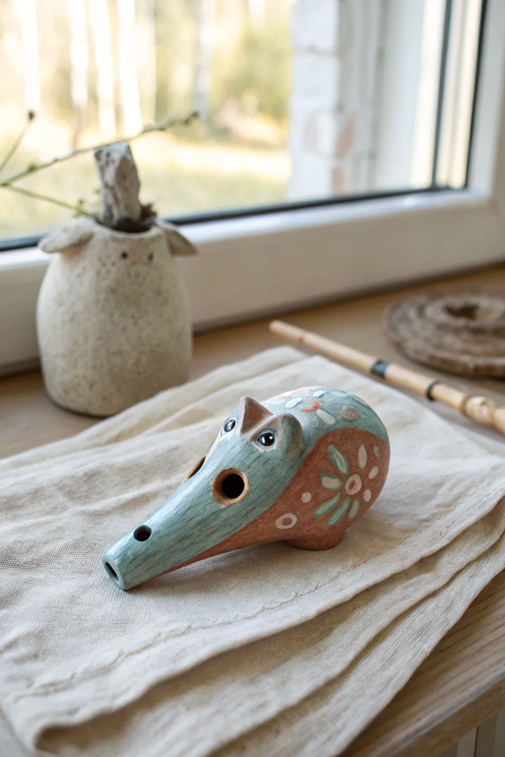Whimsical clay animal whistle in soft pastel glazes, simple shapes, classroom-ready charm