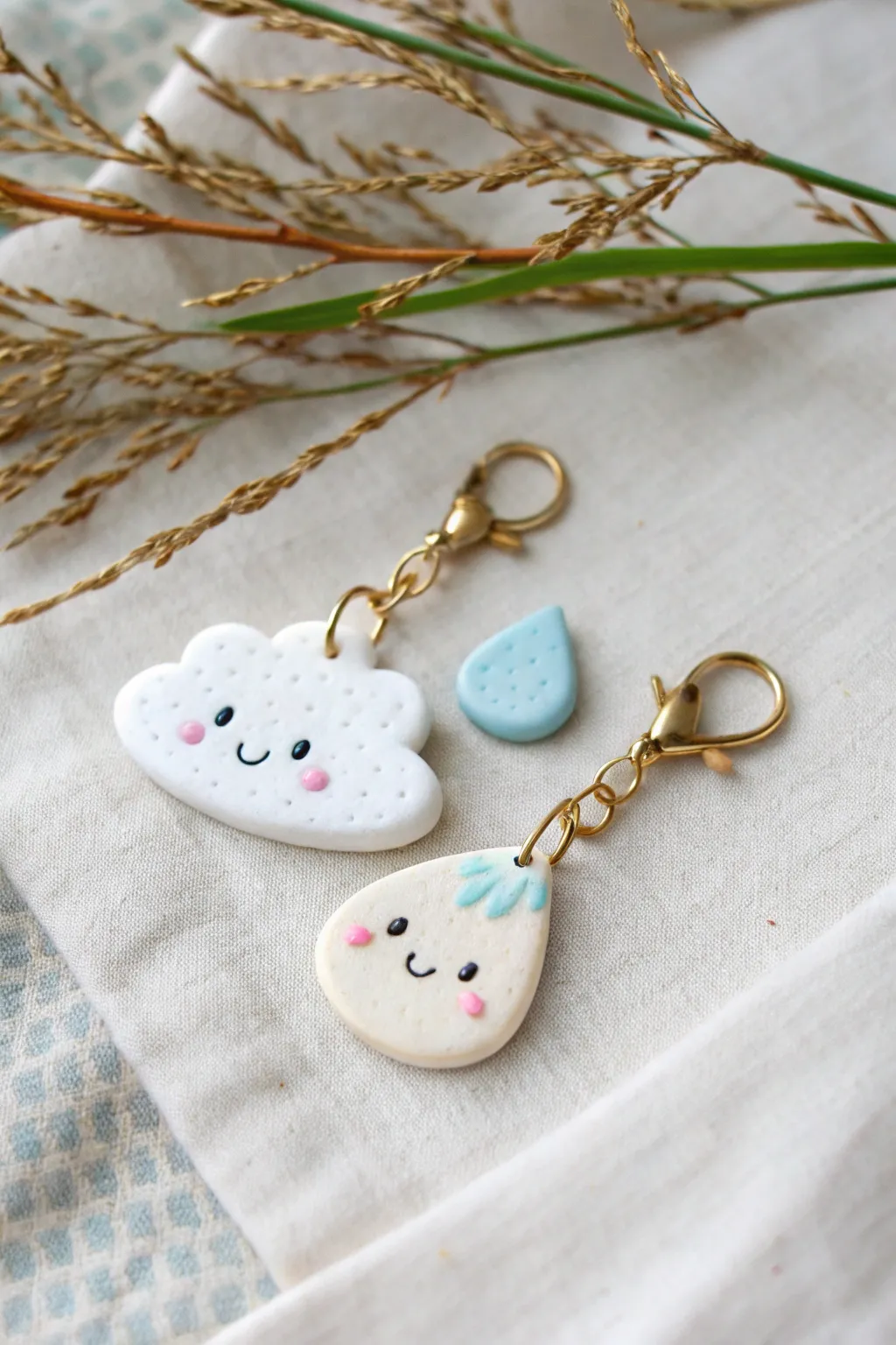 A sweet friendship set: pastel cloud and raindrop clay charms with minimalist faces and cozy boho vibes
