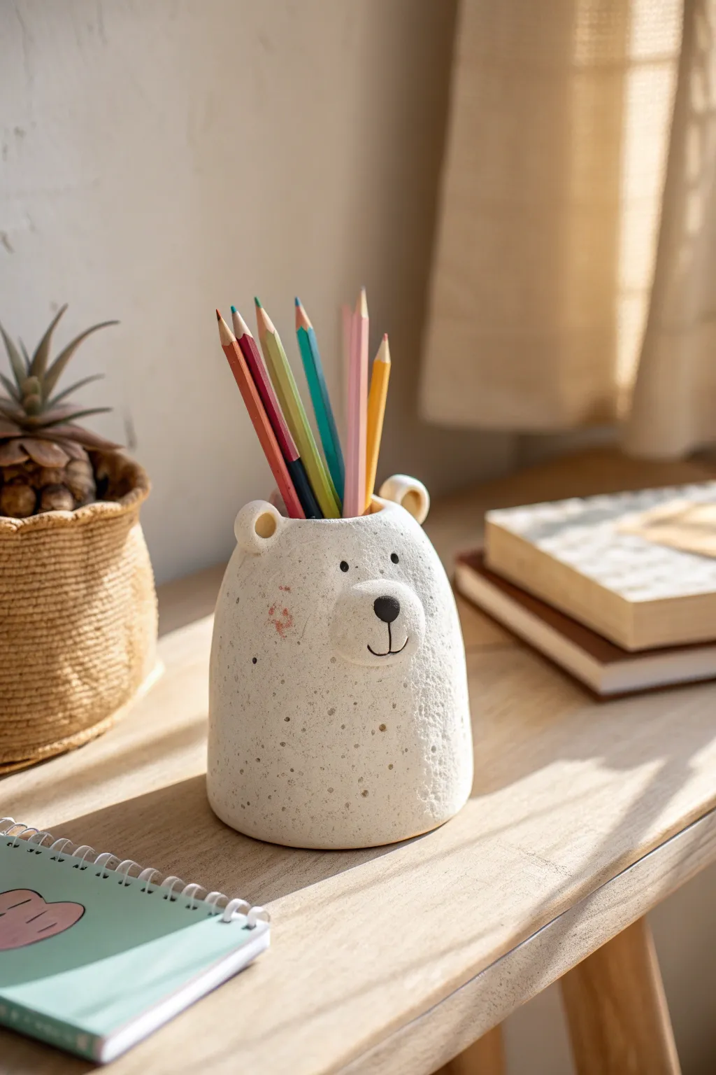 Cute bear clay pencil holder to brighten a kids desk with simple handmade charm and color.