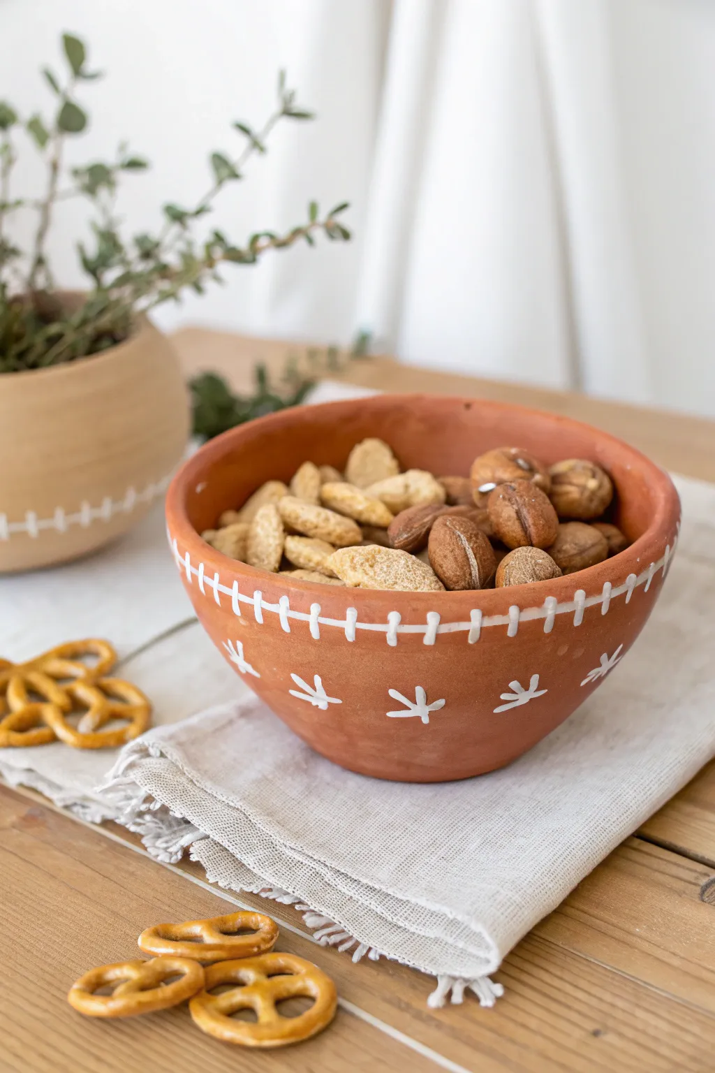 Game-day but make it minimal: a handmade football-shaped clay snack bowl with simple painted laces.