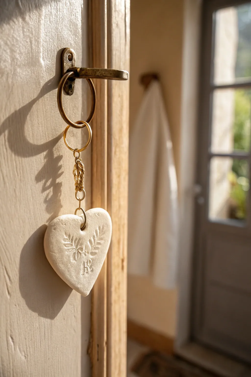Minimalist clay heart keychain on a brass hook, a sweet handmade gift idea for mom.