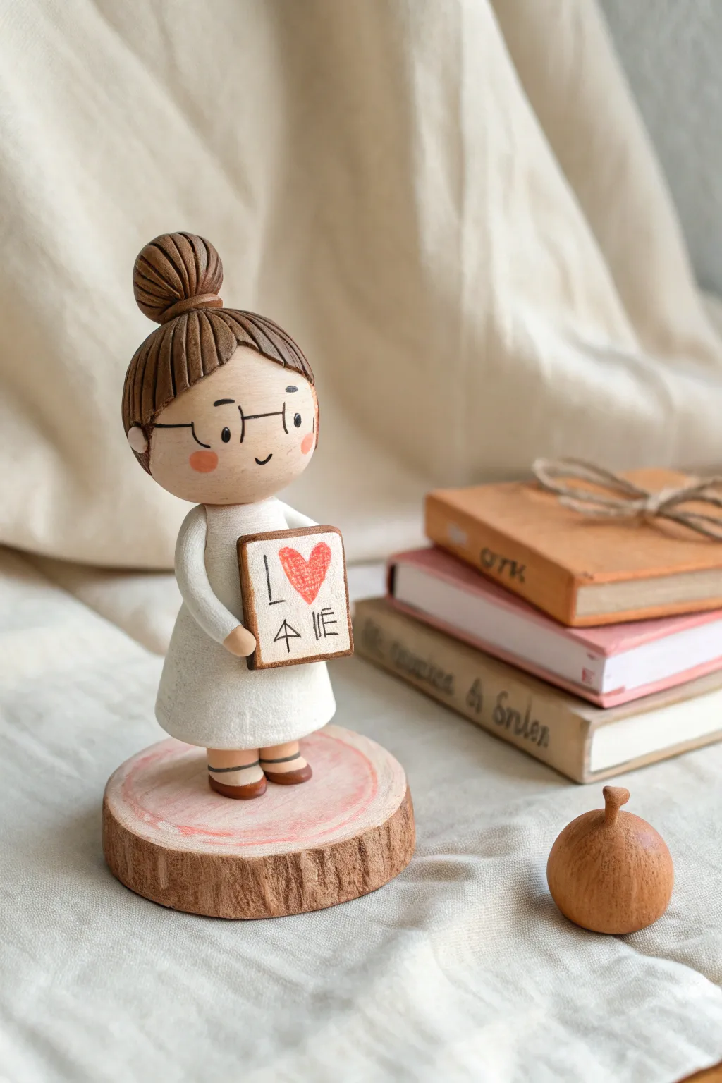 Simple clay teacher figurine with a tiny heart sign and stacked books, calm Scandinavian boho style