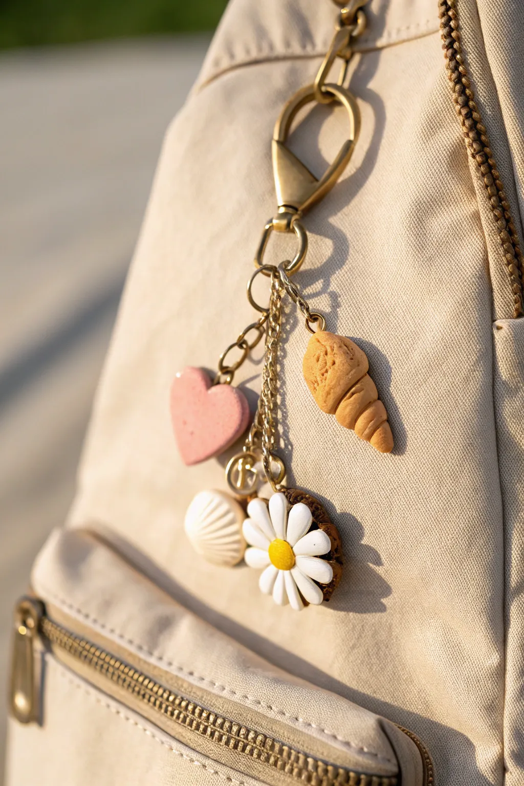 DIY clay charm keychain on a backpack zipper, minimal boho vibes for teen style in soft neutrals.