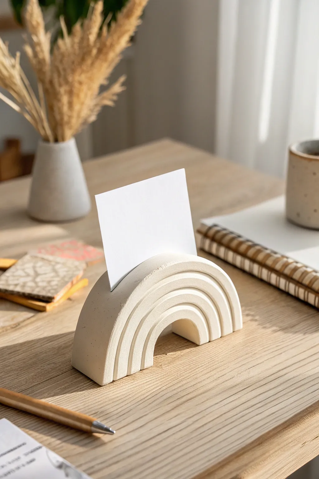 Minimal clay photo holder with a clean slot design, styled in soft Scandinavian light