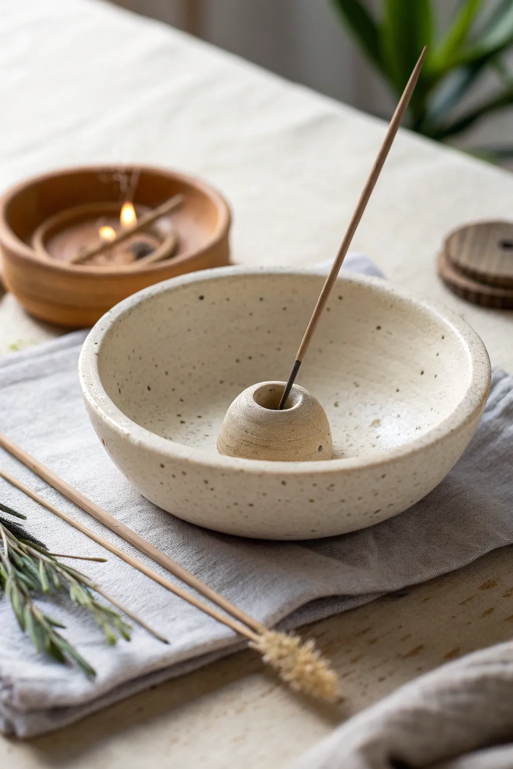Spoon rest style clay incense holder with a cozy breakfast vibe, minimal and softly sunlit.