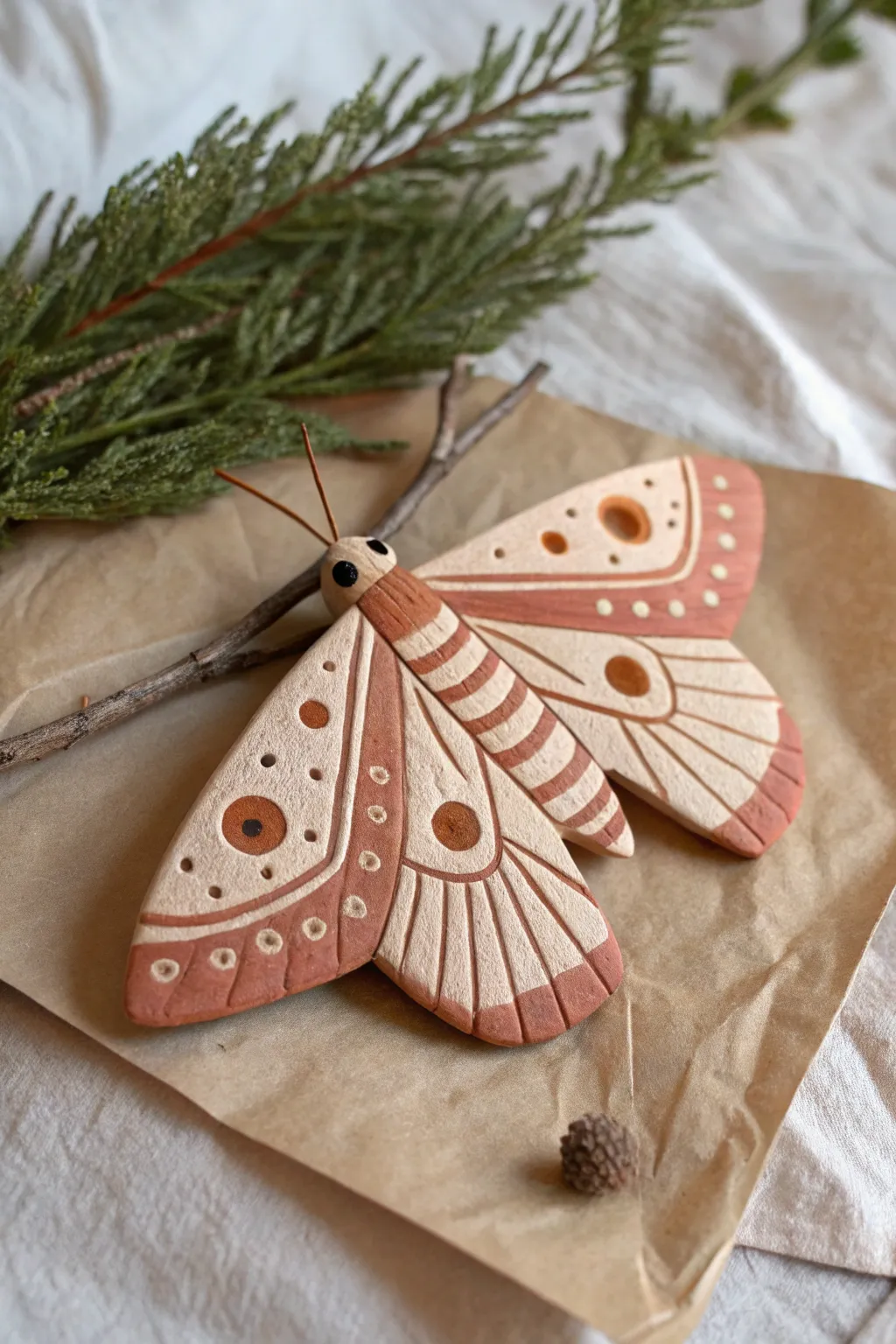 Chunky-wing clay moth in earthy tones, styled on kraft paper with a twig for cozy contrast.