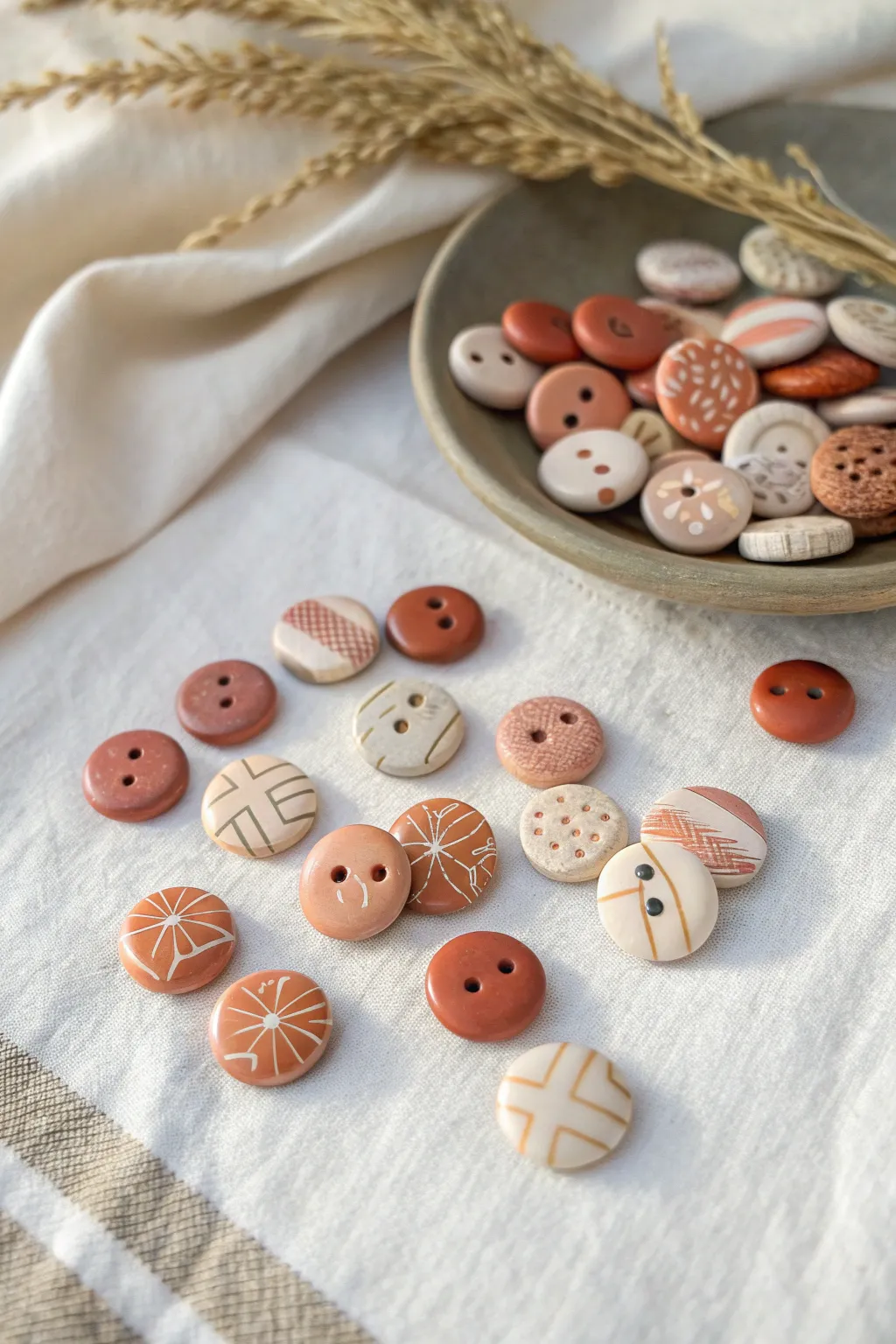 Minimal patterned clay beads and buttons with soft boho accents for easy DIY inspiration