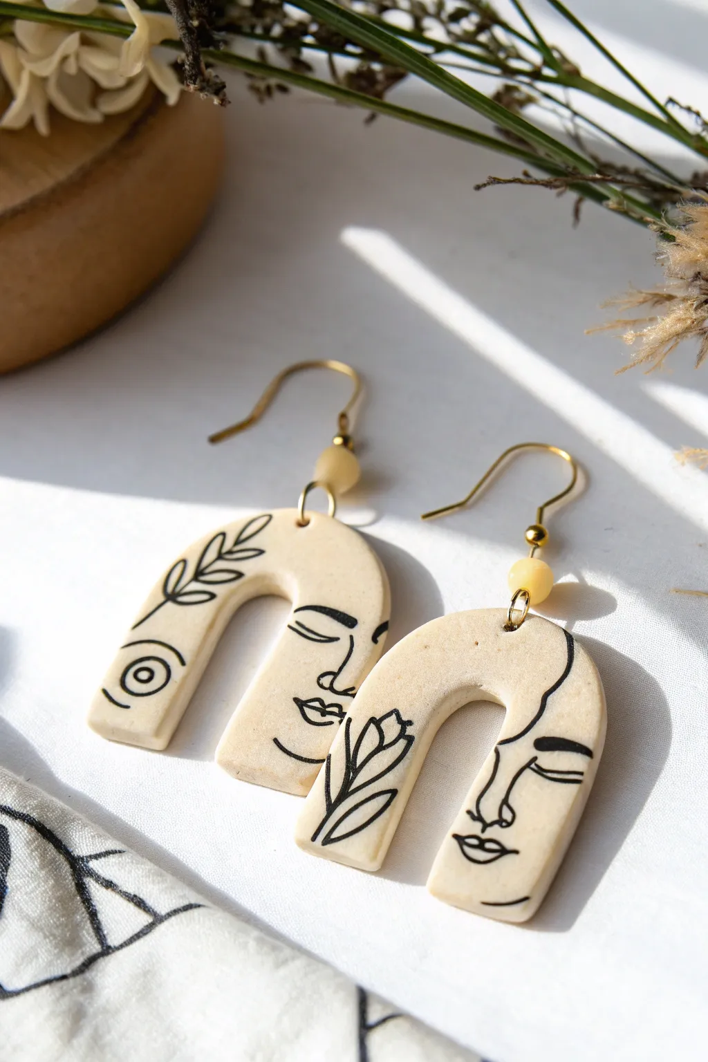 Minimal line-art portrait clay earrings in soft ivory with bold black ink, Scandinavian calm.