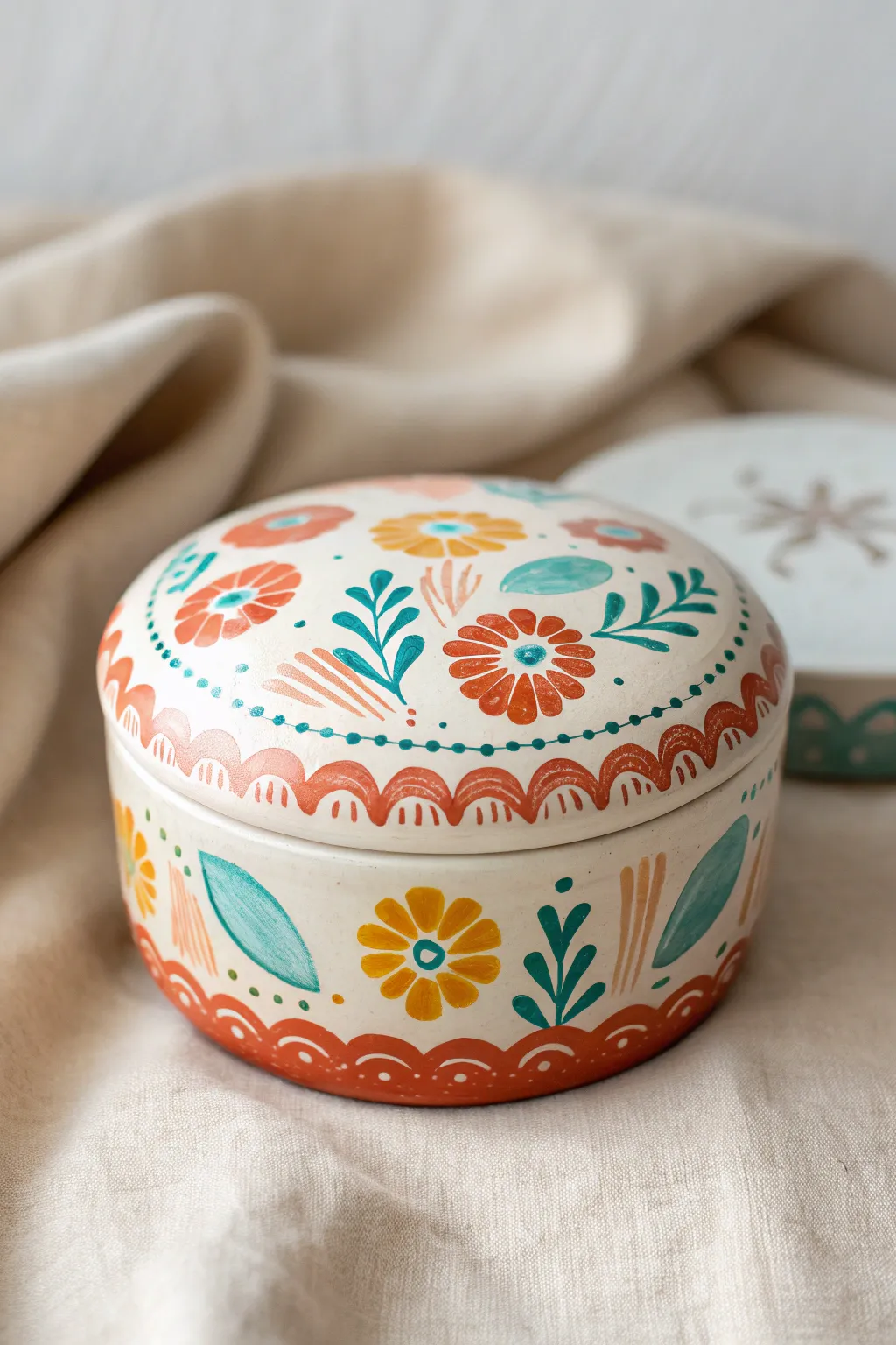 Cheerful folk-art painted clay trinket box with bold florals and clean minimalist styling.