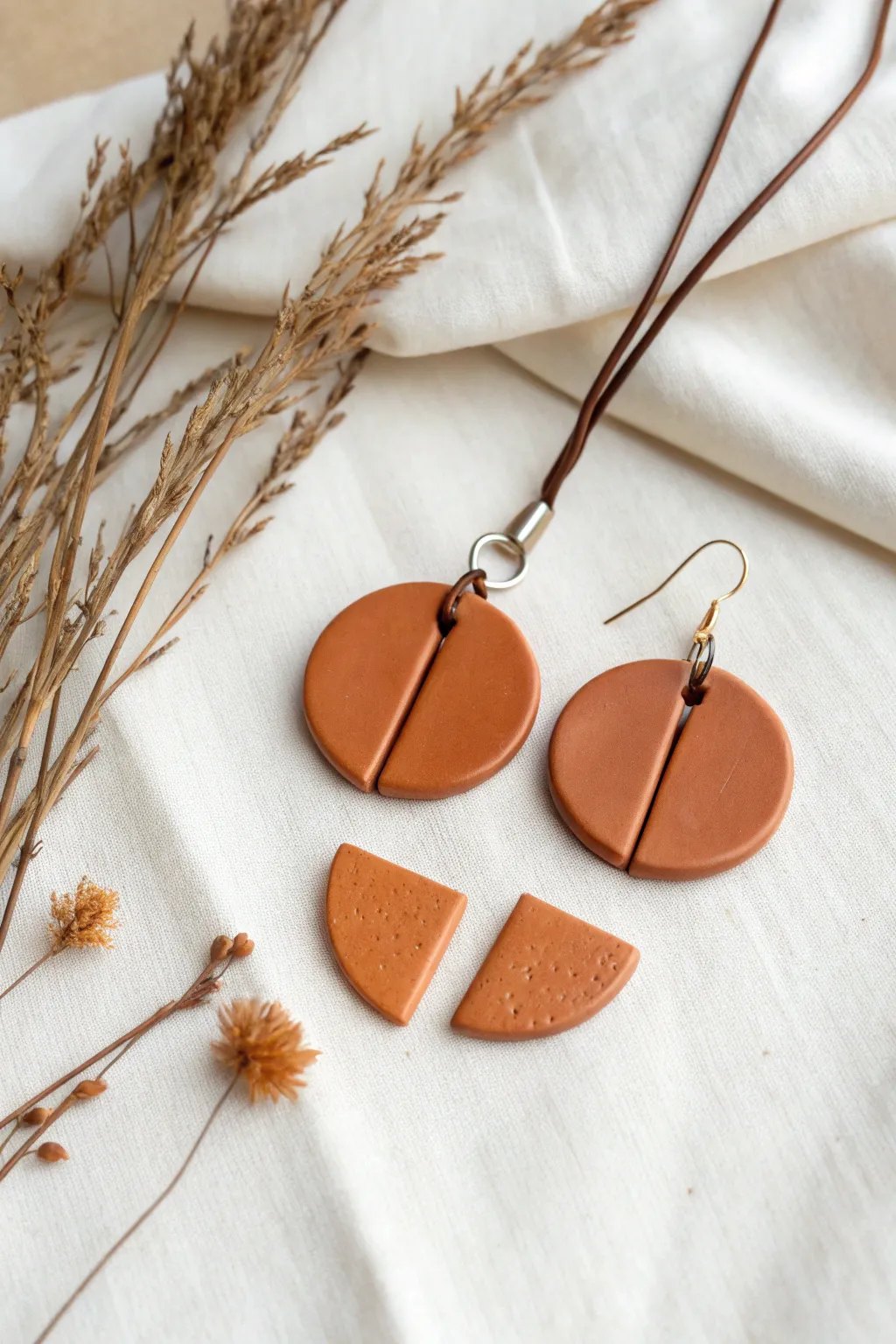 Matte meets gloss: simple clay jewelry in one tone, styled cleanly to spotlight the contrast.
