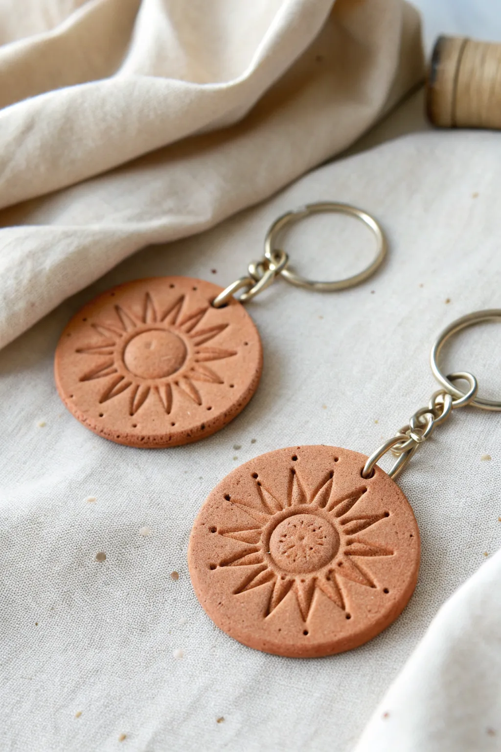 Minimal sunburst clay keychain, front and back reveal a tiny secret message in dots.