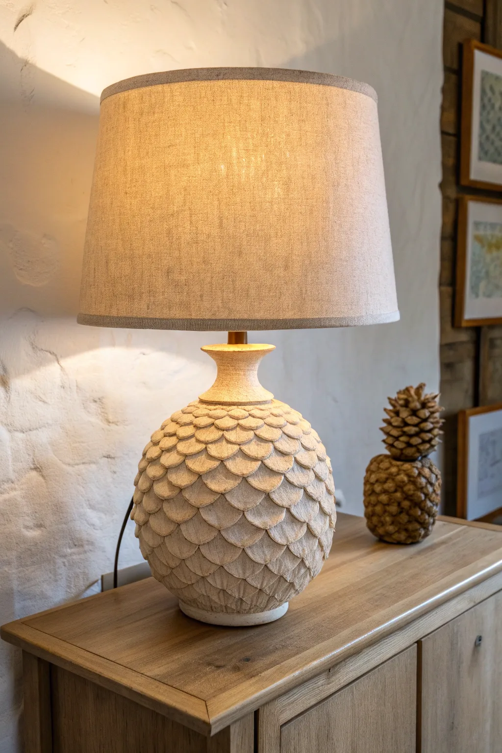 Pinecone-textured clay lamp with warm glow, minimalist Nordic style and cozy boho charm