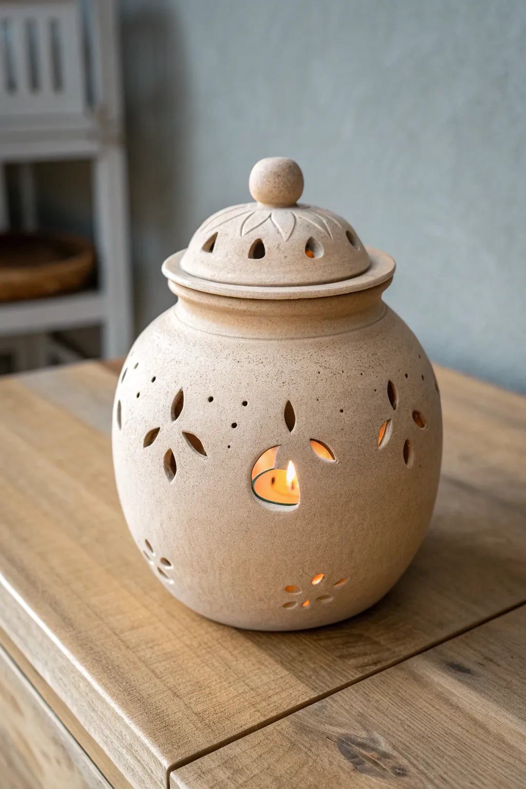 Cozy lidded jar lantern with vent holes, warm glow and minimalist boho charm for evenings