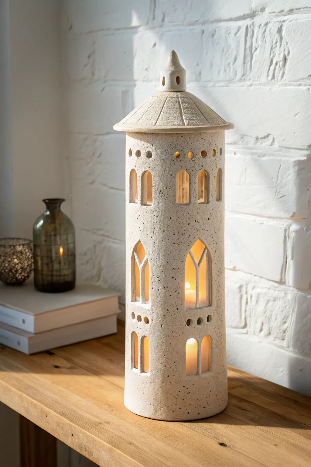 Minimalist clay tower lantern with arched doorway cutouts, casting warm, dramatic shadows.
