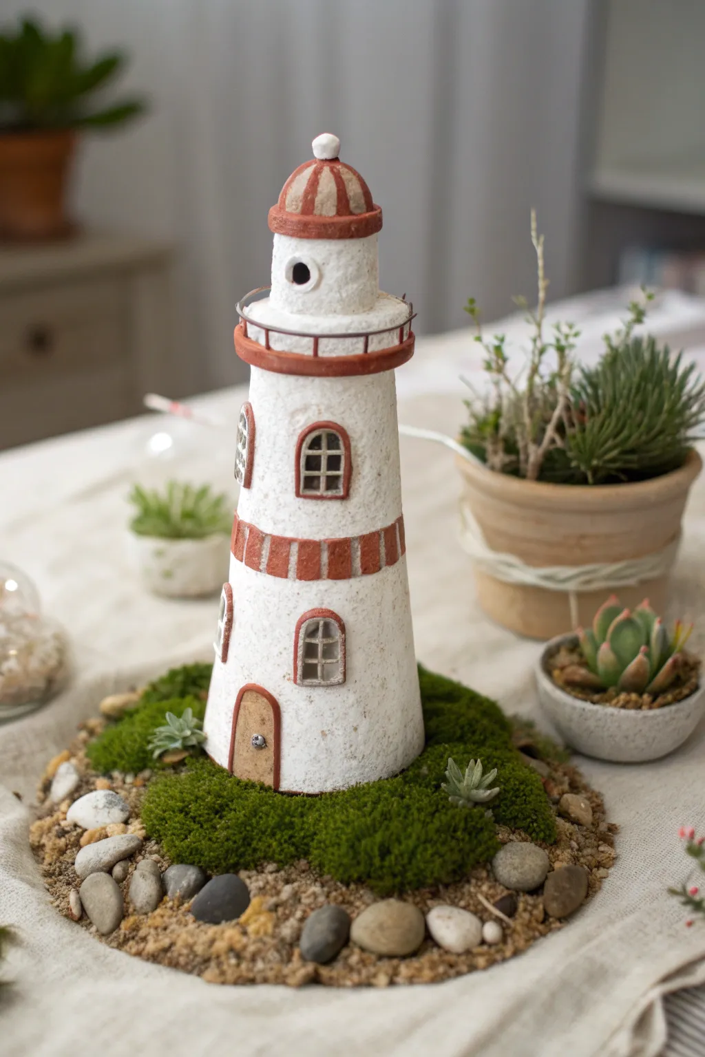 Chunky mini clay lighthouse nestled in moss and stones for a dreamy fairy garden accent