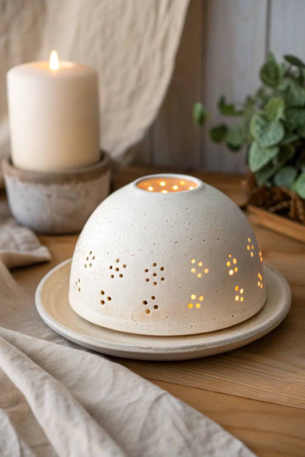Minimal dome clay luminary on a simple base plate, casting a soft halo of warm light