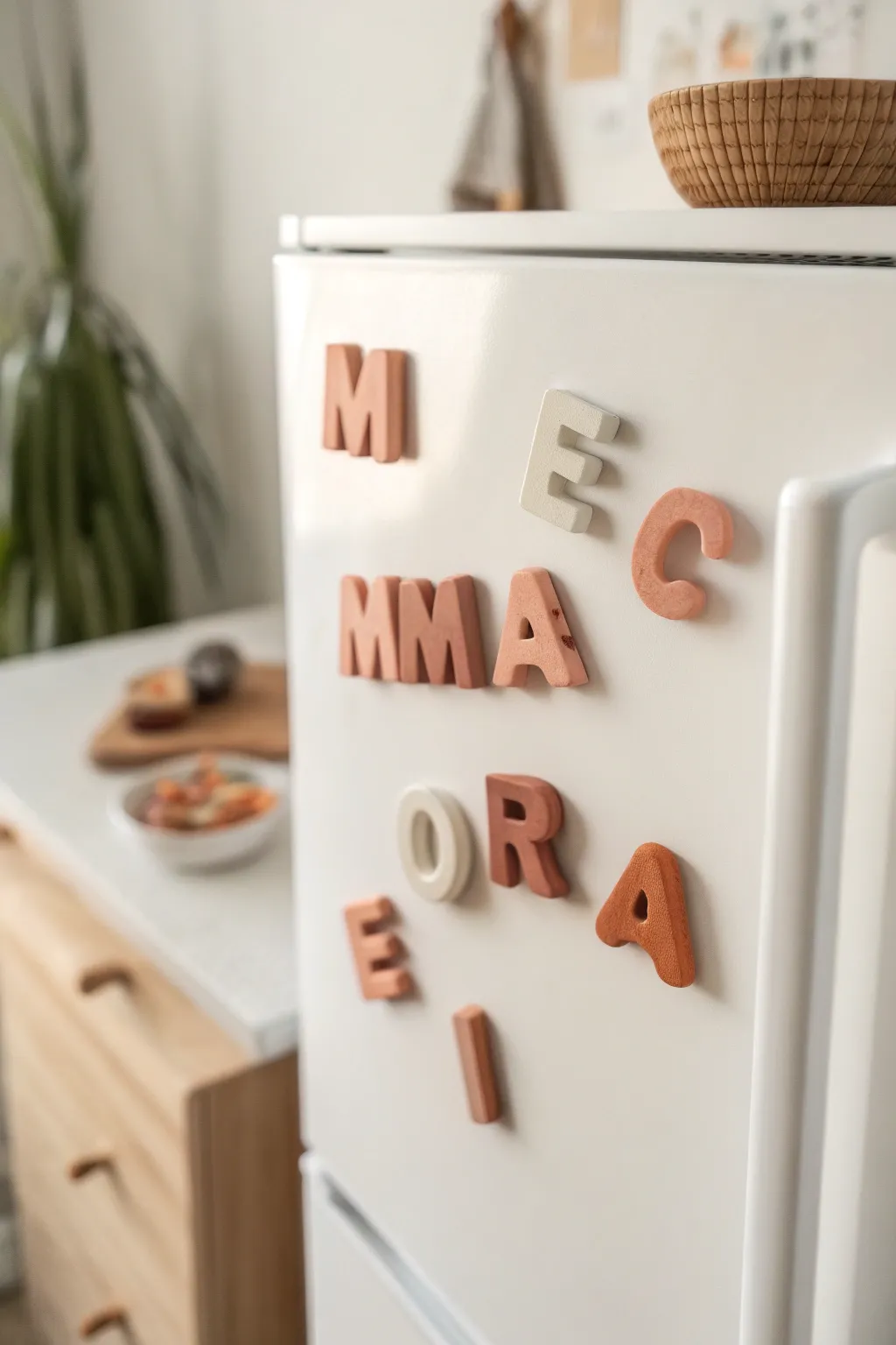 Chunky clay alphabet magnets in warm neutrals, styled minimally for a cozy Scandinavian look