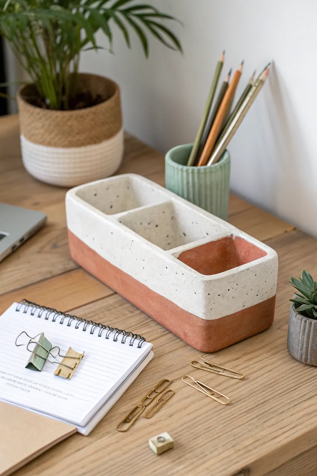 Easy DIY clay desk organizer with three wells in minimalist color-block style for tidy workspaces