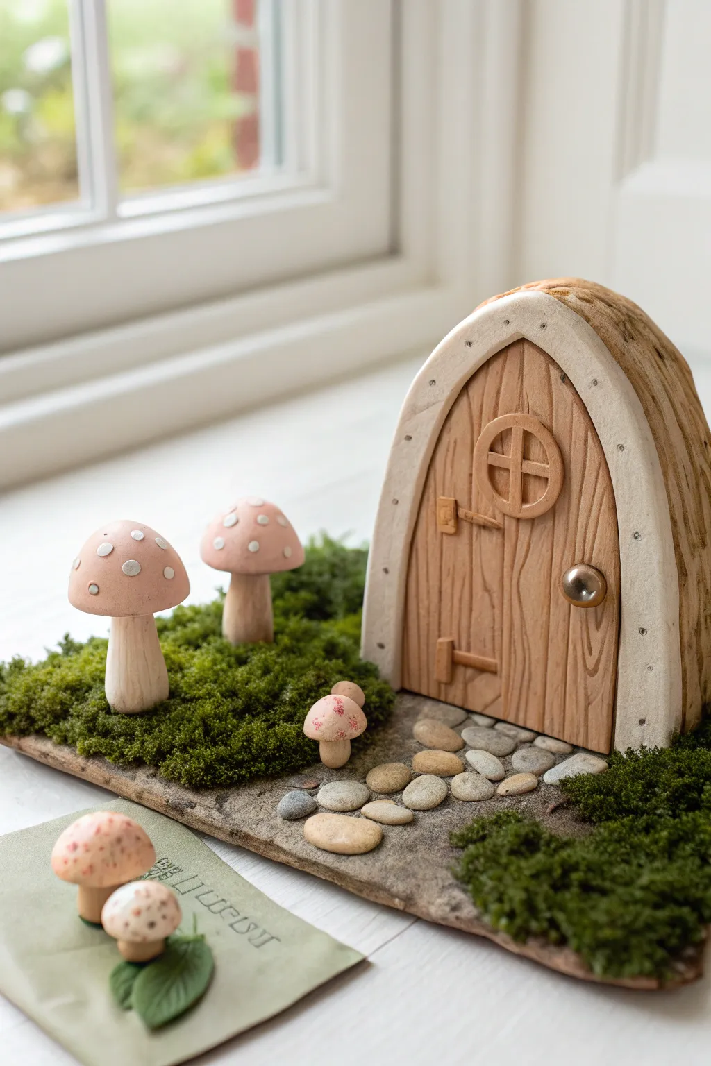 Sweet clay fairy door with tiny mushrooms, pebbles, and soft mossy green accents
