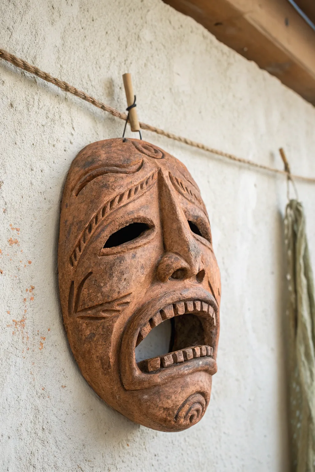 Spooky-cute toothy grin clay mask in warm terracotta, styled minimal with moody mouth accents.