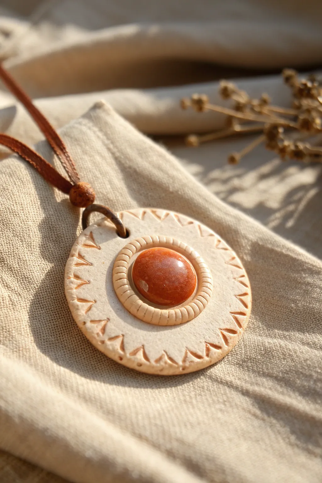 Simple stamped clay medallion with a glossy bead center, perfect for bold beginner projects.