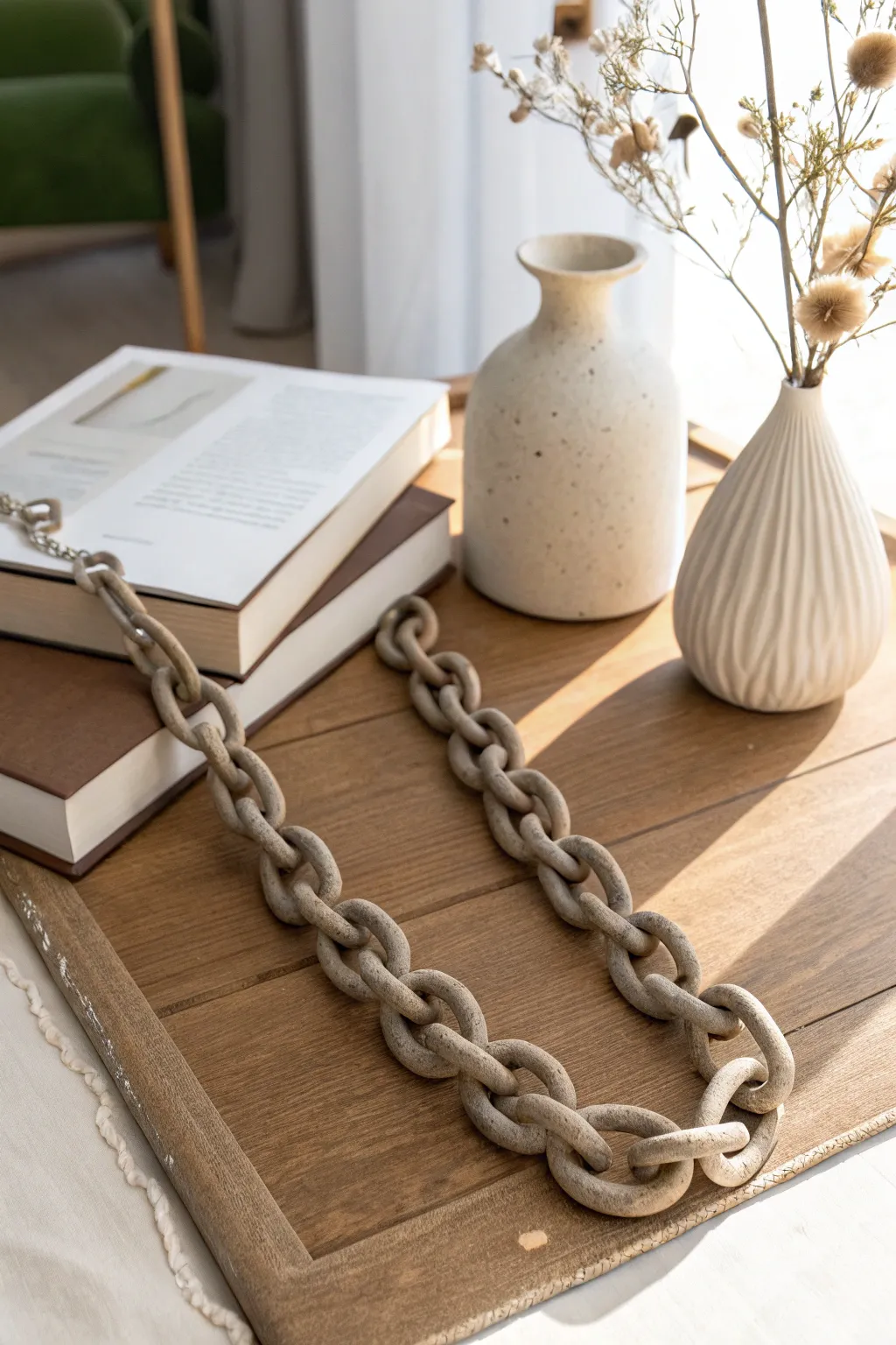 Minimal clay chain links in a stone finish, styled simply for a modern coffee table moment