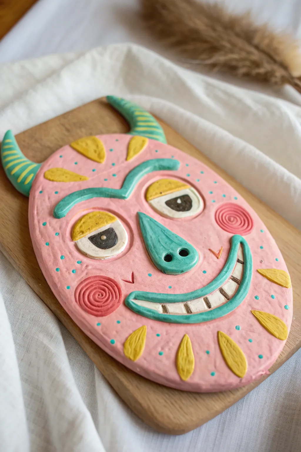 Cheerful neon monster face plaque in minimalist styling, perfect for easy kindergarten clay fun.