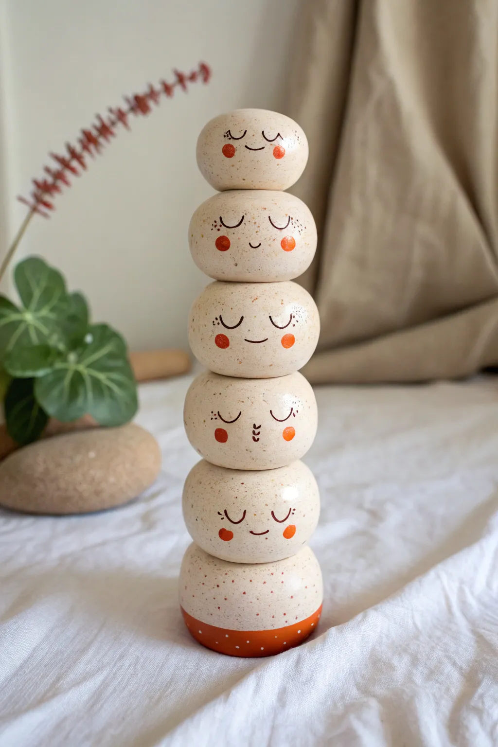 Stacked clay monster totem with simple faces and soft earthy glazes, minimal and cute.