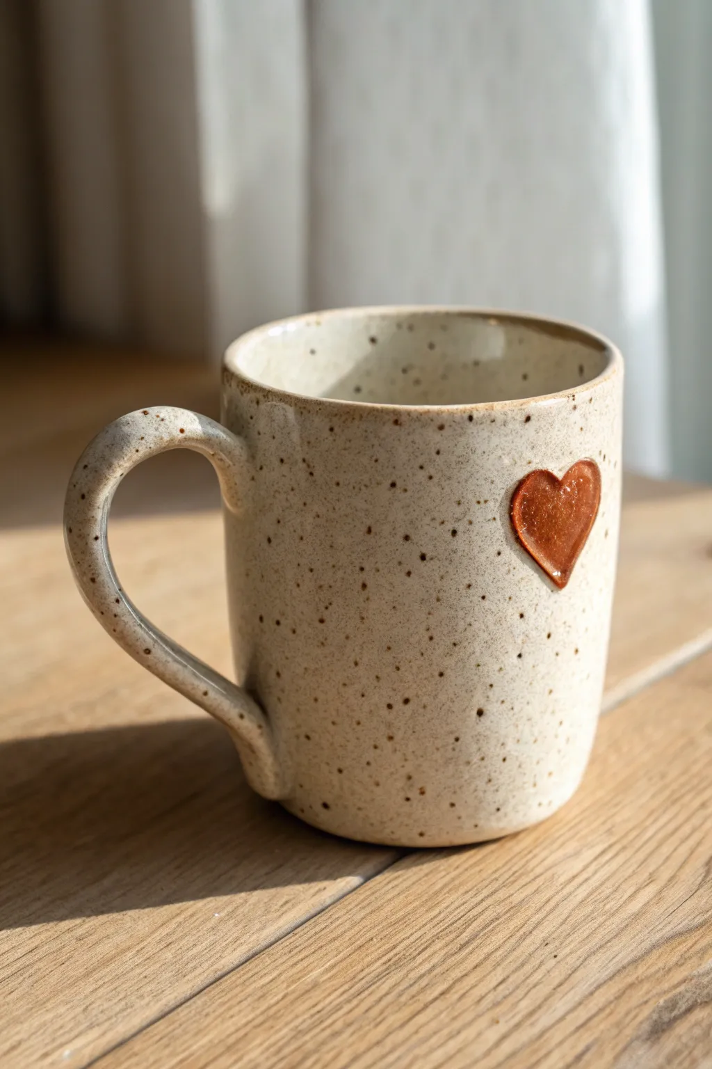 Simple clay mug with a raised heart appliqué, warm light and minimal Nordic-boho styling.