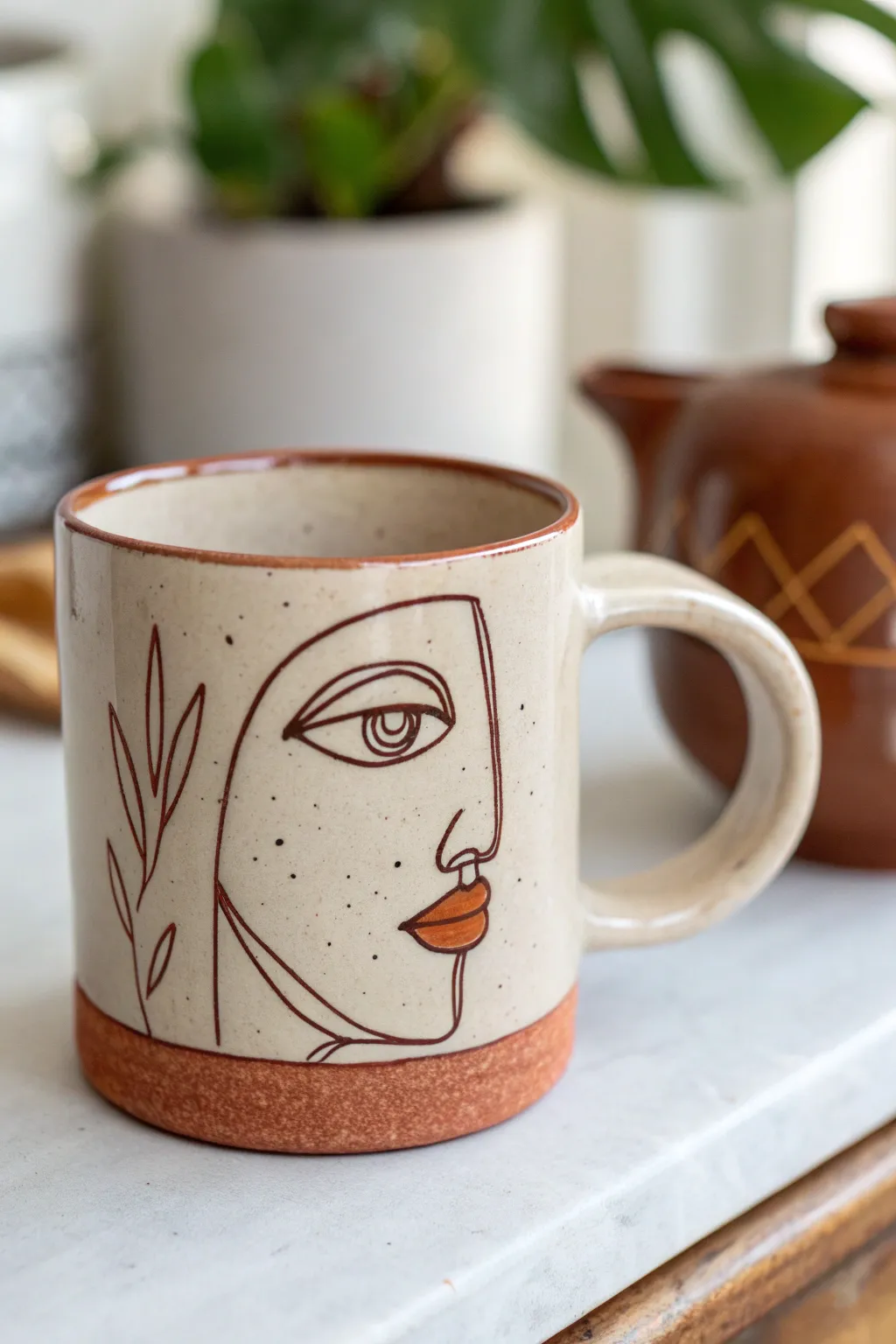 Minimalist clay mug with wraparound side-profile face, satin glaze and cozy Nordic vibes.