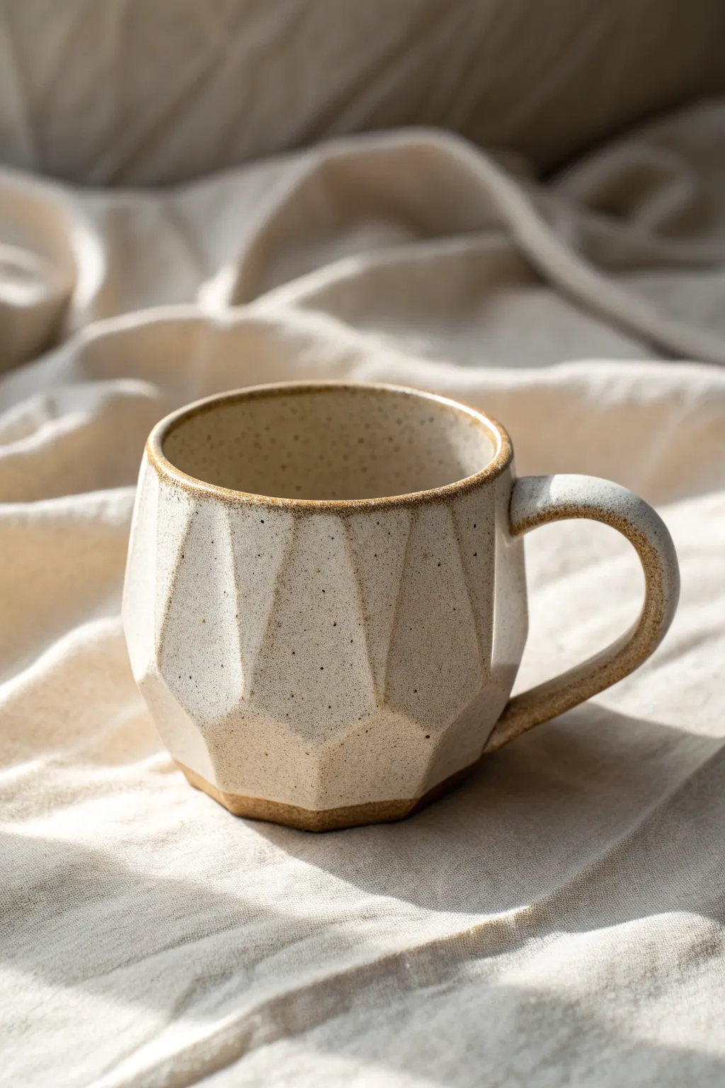 A glossy faceted mug with clean cut planes and subtle edge breaking for a modern handmade look.