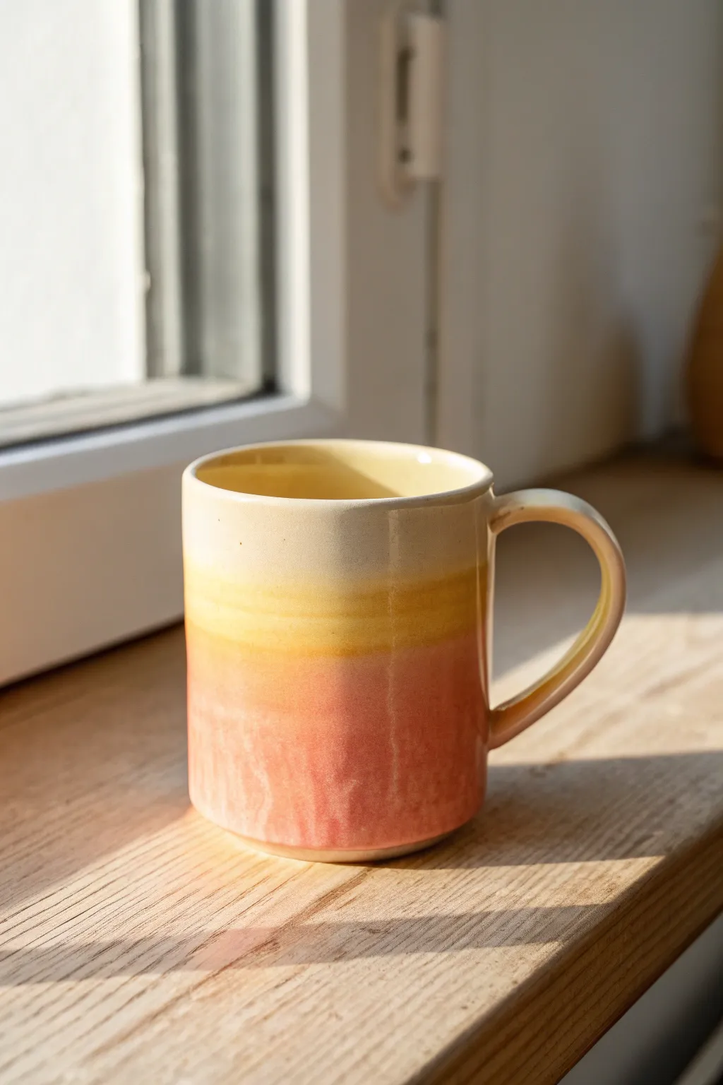 Sunset ombre mug in peach to pale yellow, glowing softly in golden hour light