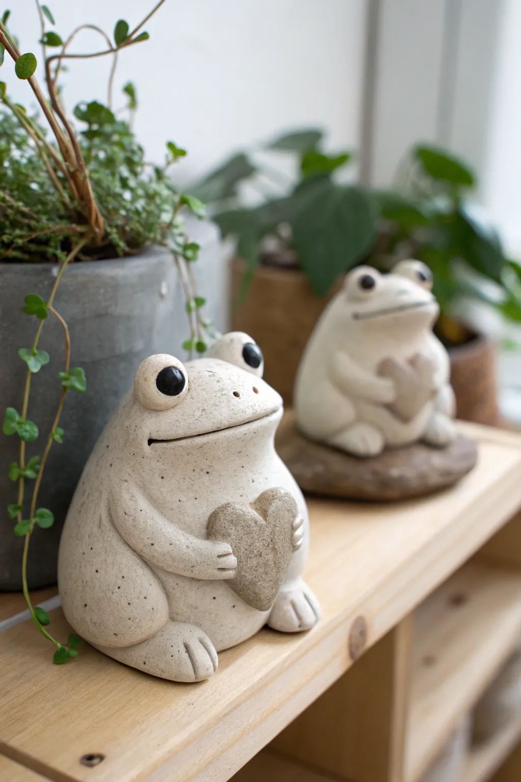 Two cozy sitting blob frogs on a plant shelf, one gifting a tiny clay heart in calm tones.