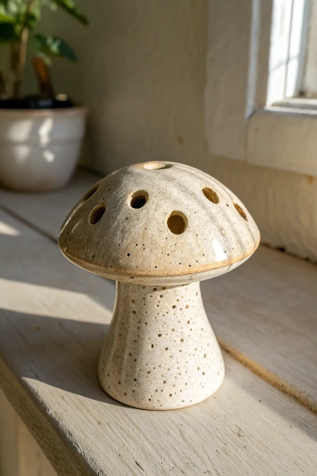 Whimsical mushroom cap ocarina with speckled glaze and hidden holes, simple boho charm
