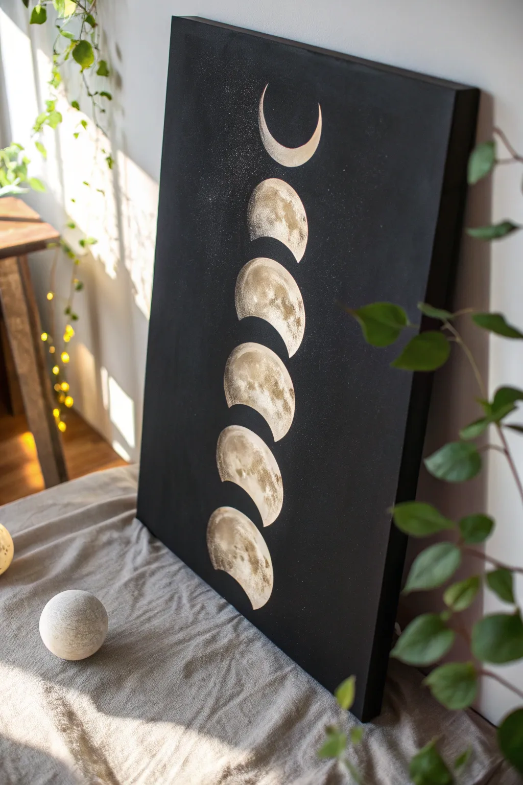 Minimal dark canvas with raised clay moon phases, soft shadows and calm boho texture