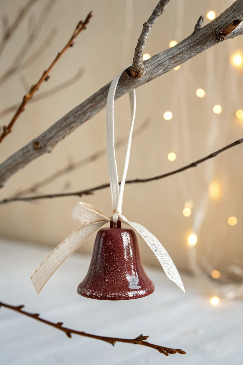 Glossy clay bell ornament in deep holiday hues, minimalist Scandinavian styling with cozy glow