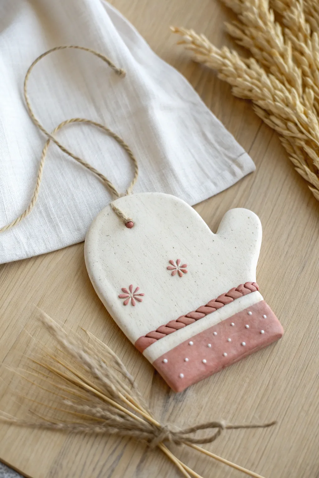 Sweet clay mitten and stocking ornaments with painted cuffs, perfect for kids holiday crafts.