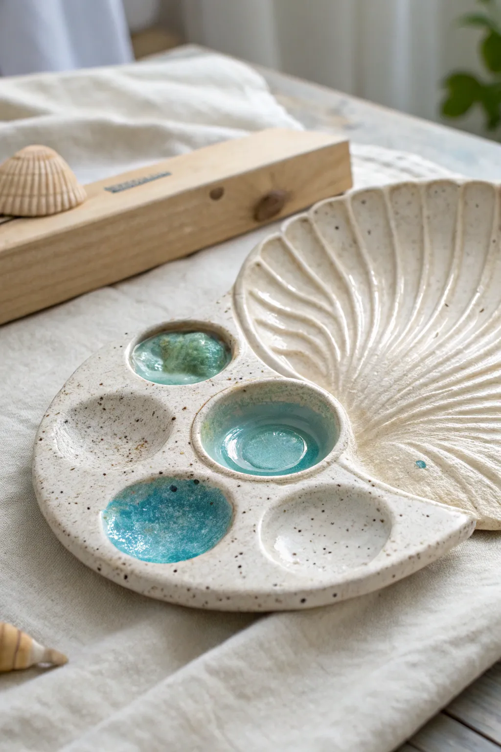 Seashell spiral ceramic palette with ocean watercolor pools, minimalist boho styling.