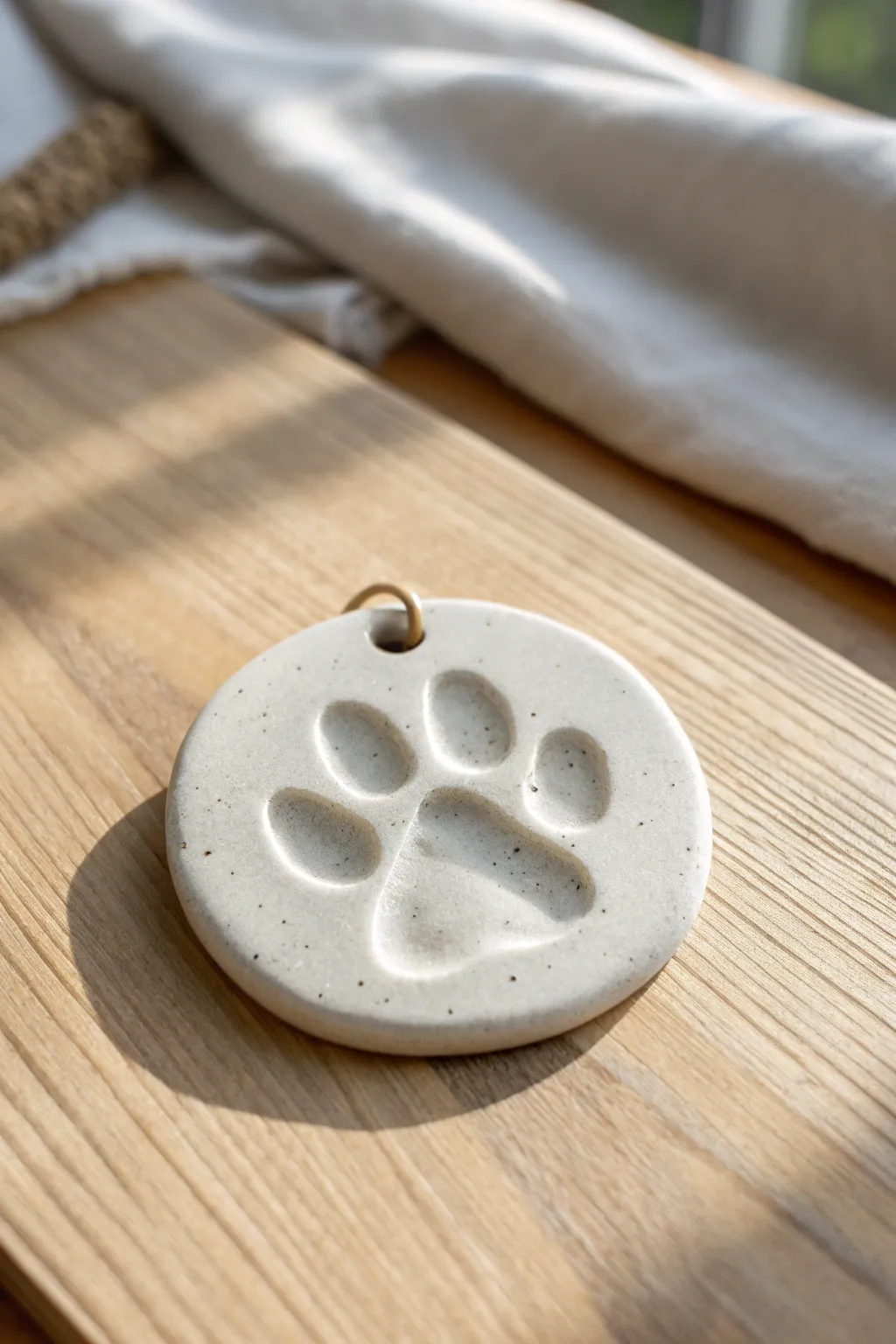 Simple tag-shaped clay paw print keepsake with a clean hole and smooth matte finish