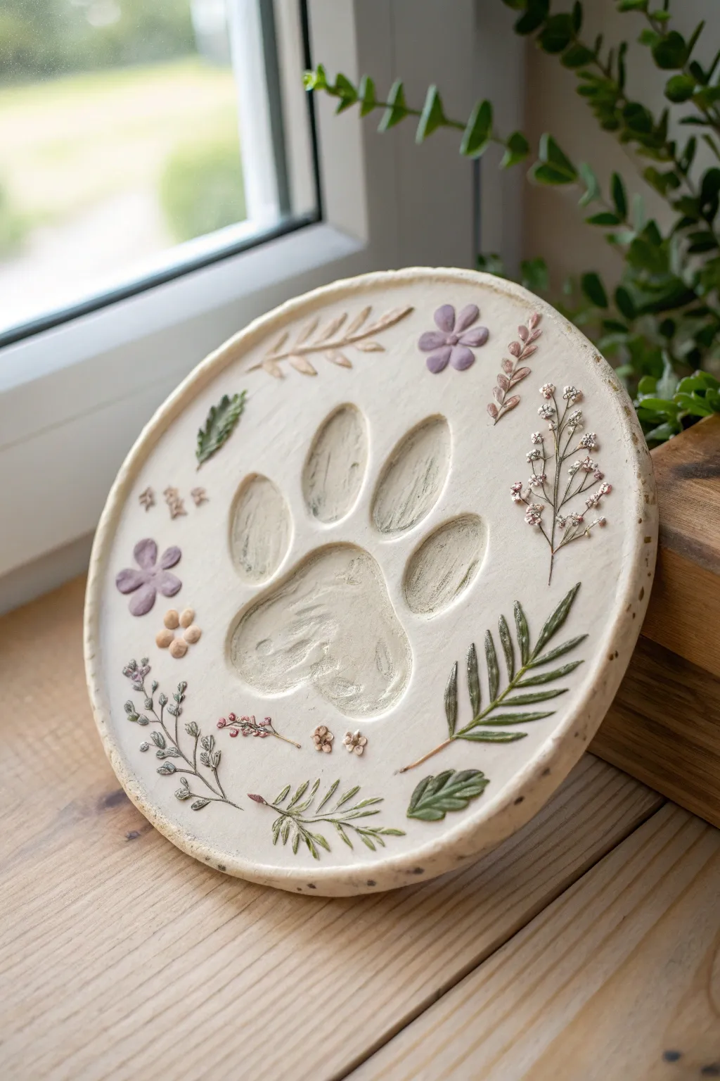 A simple wildflower border frames a clean paw print for a sweet minimalist clay keepsake.