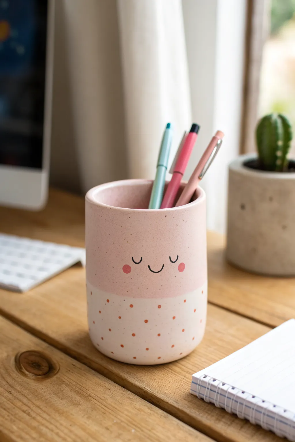 Pastel smiley clay pen cup that brightens your desk with simple handmade daily charm